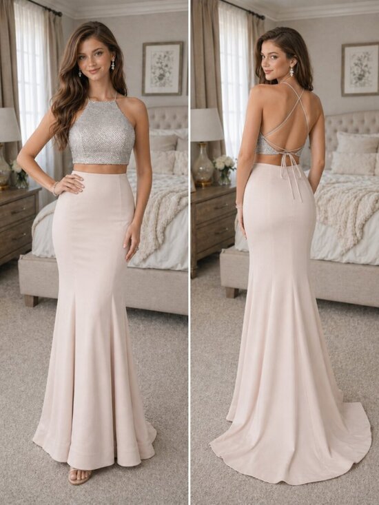 La Femme Dresses & Skirts - La Femme Beige Crop Top Long Mermaid Evening Gown $438
